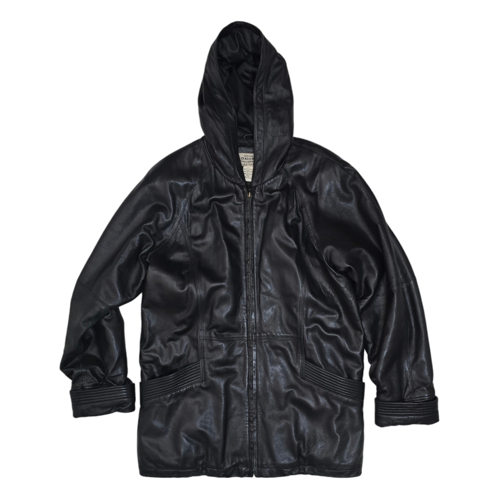 Vintage 90s Black Genuine Leather Jacket Parka Coat Sonoma Hooded Large Pockets